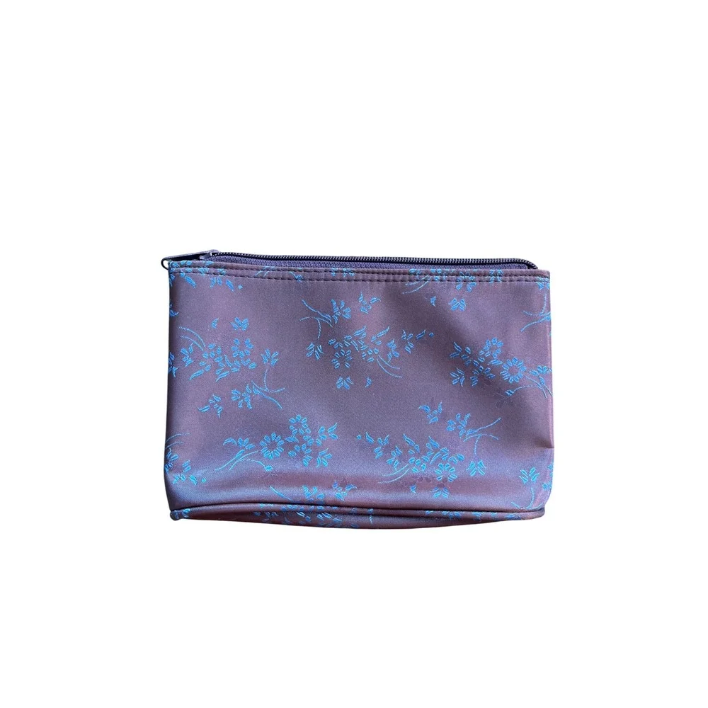 Floral Brocade Makeup Bag Purple Blue Satin Travel Pouch Cosmetic Case